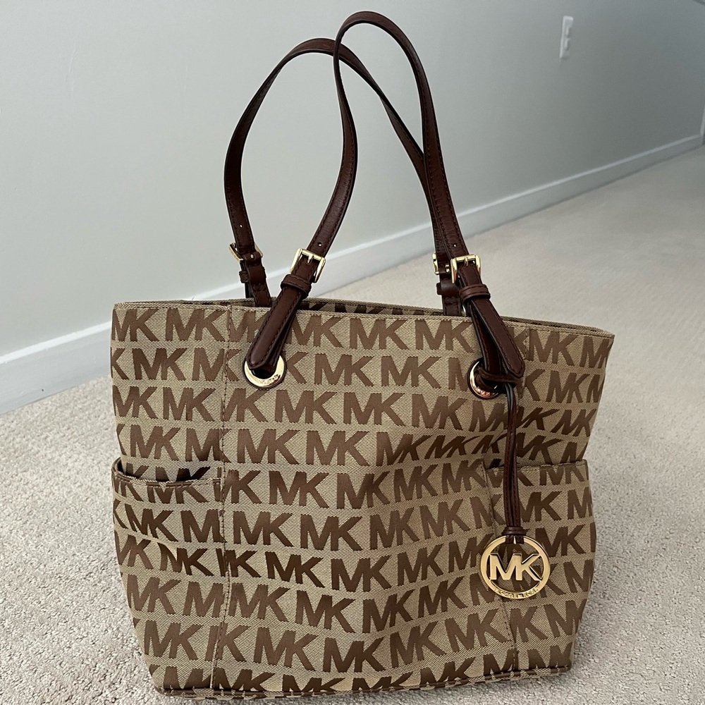 Michael Kors Jet Set logo signature brown textile tote